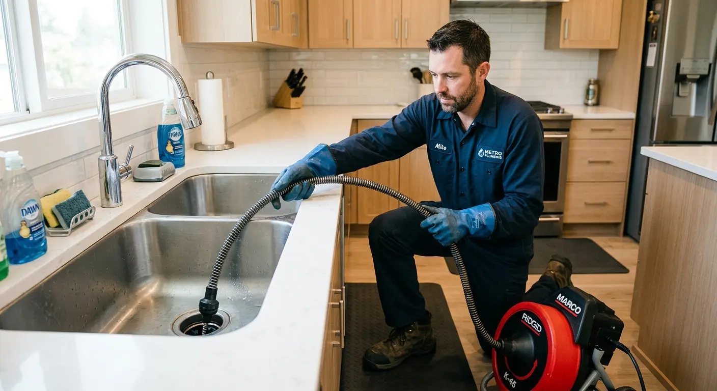 Drain cleaning technician using a motorized snake on a kitchen sink in Smithville