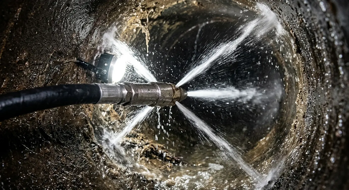 High-pressure hydro jetting nozzle cleaning sewer pipe for Emergency Drain Service in Smithville