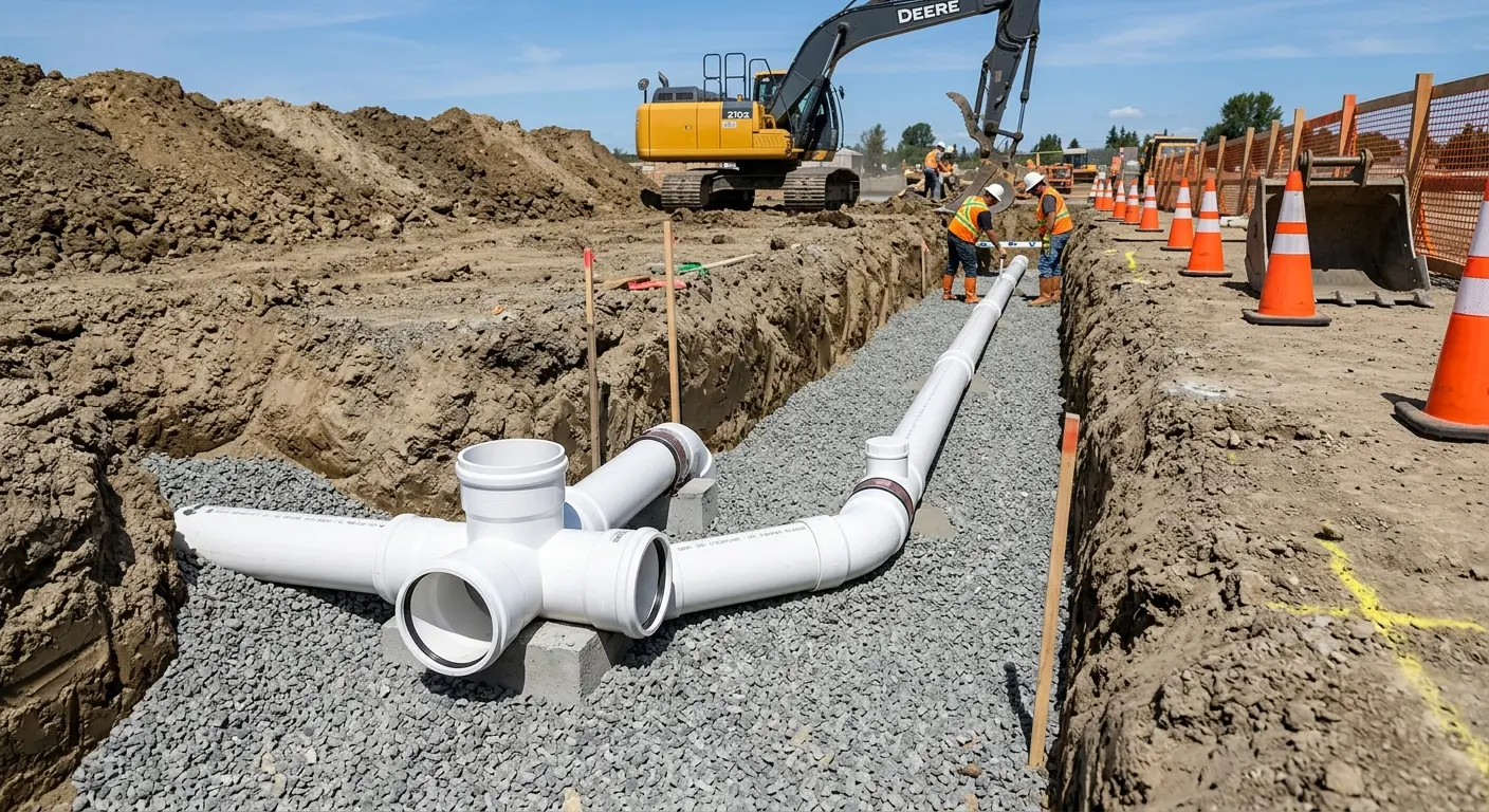 New PVC sewer pipe installation in open trench for Commercial Drain Cleaning in Smithville