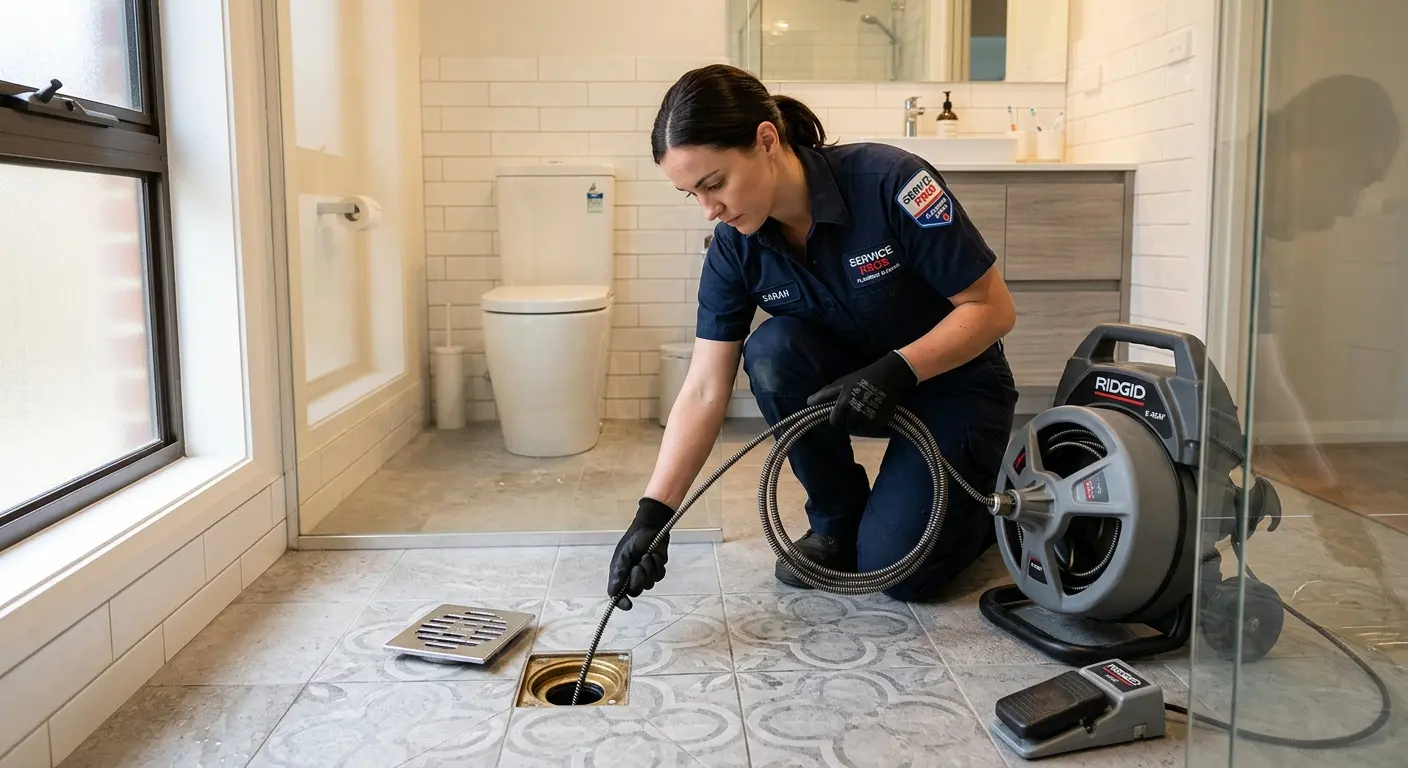 Technician clearing a bathroom floor drain for Clogged Drain Repair in Smithville